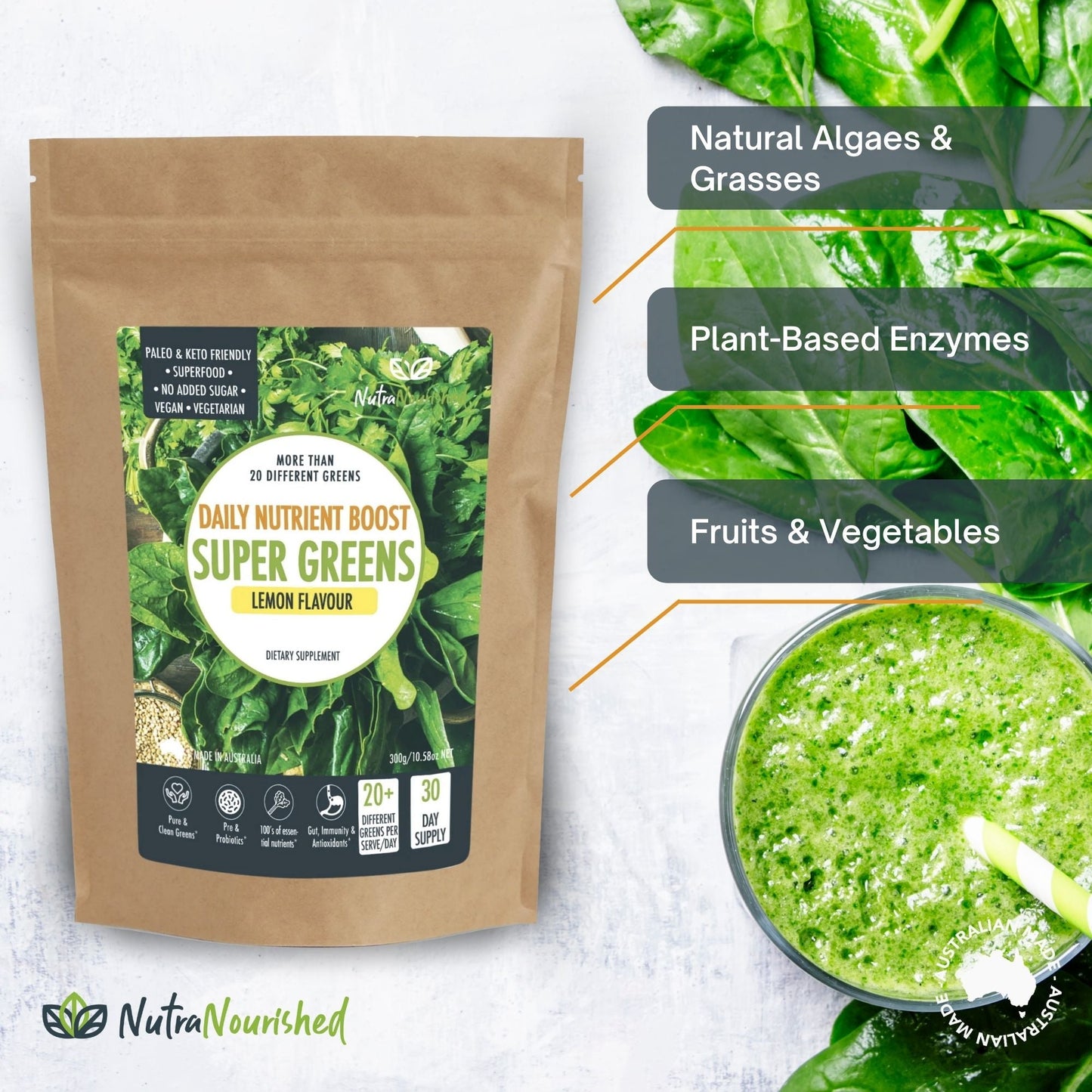 Super Greens Powder – Energising Superfood Blend - Nutrients  and Vitamins of 20 Greens