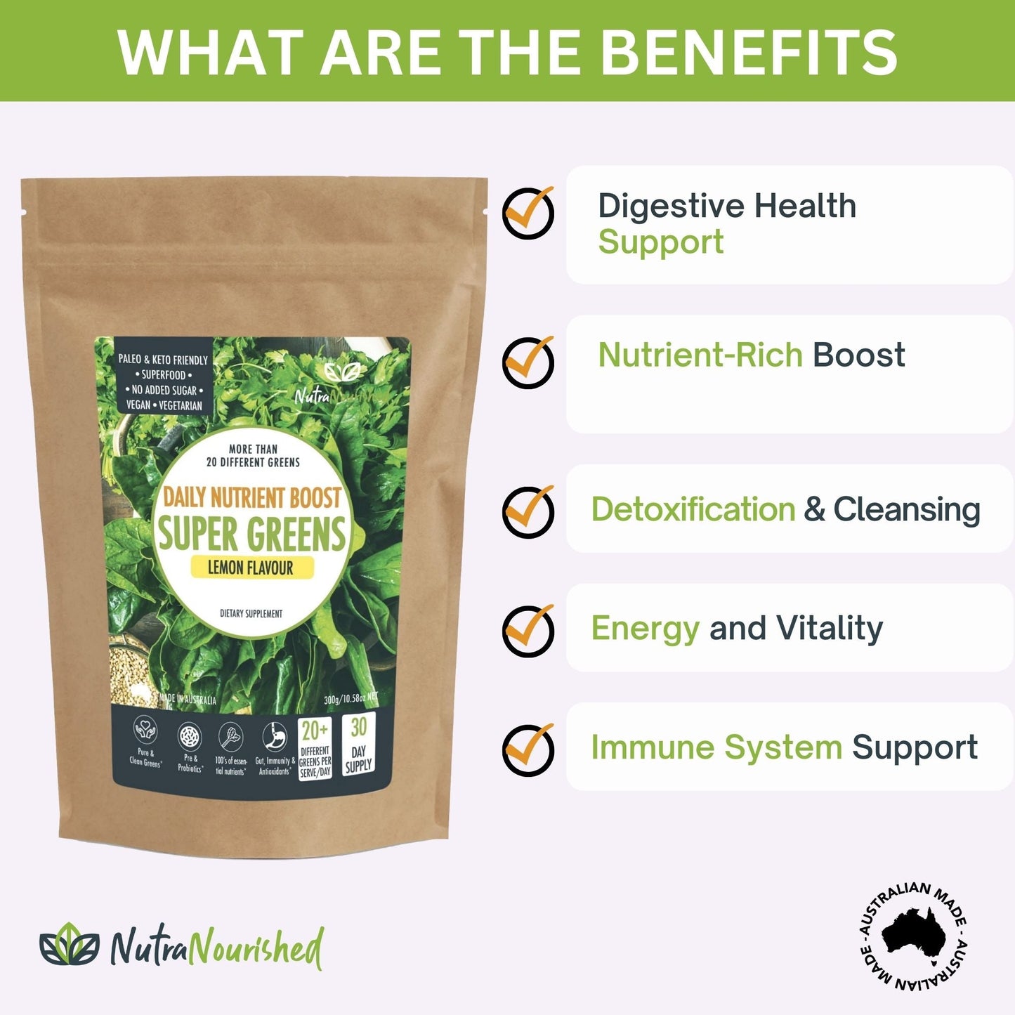 Super Greens Powder – Energising Superfood Blend - Nutrients  and Vitamins of 20 Greens