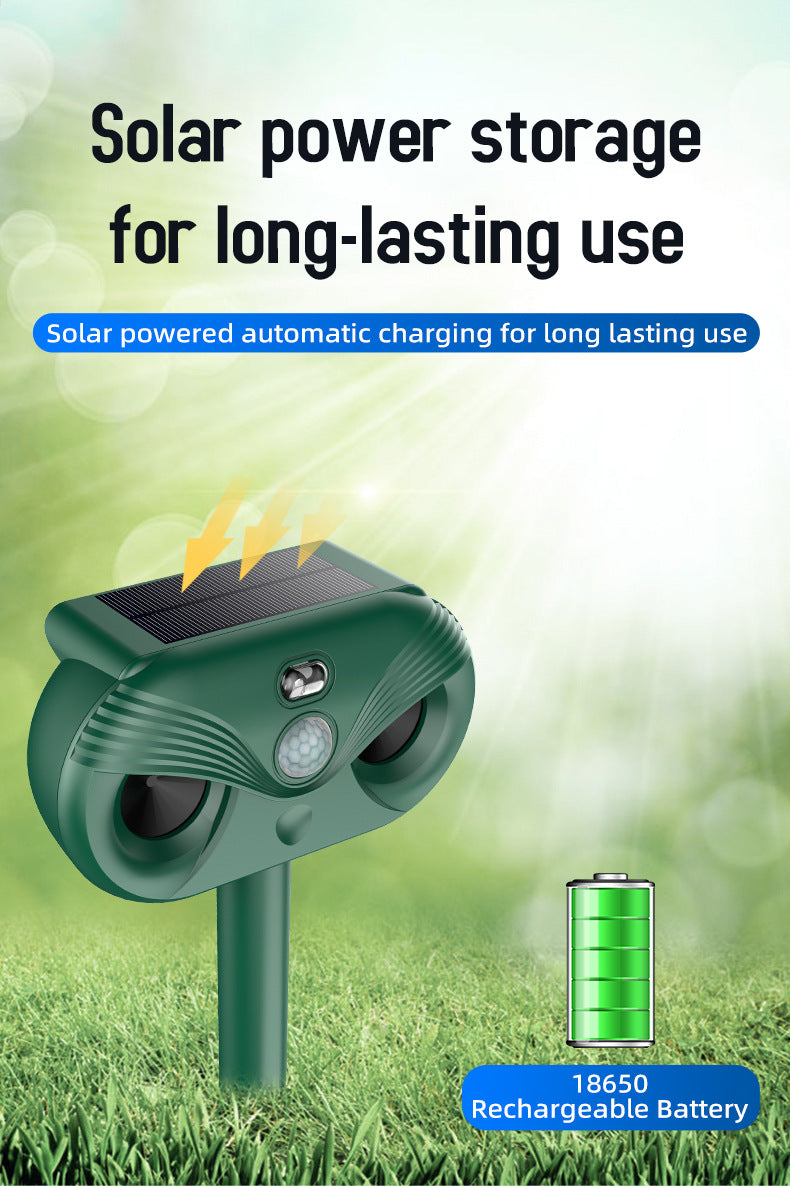 Black Advanced Solar Powered Ultrasonic Animal Repeller - Outdoor Pest Deterrent with Motion Sensor, Strobe Light & Laser