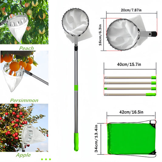 Telescoping Fruit Picker - Apple, Peach, Persimmon Harvesting Tool with Collection Bag, High Reach Fruit Catcher 1.6m