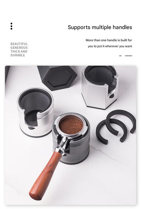 Silver Round Professional Aluminum Espresso Tamping Station - Adjustable Portafilter Holder Stand