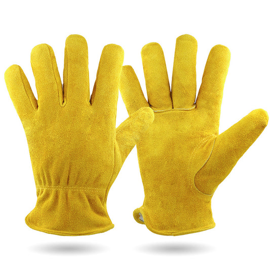 L Yellow Durable Cowhide Work Gloves - Insulated Windproof Anti-Slip for Outdoor Handling & Cycling