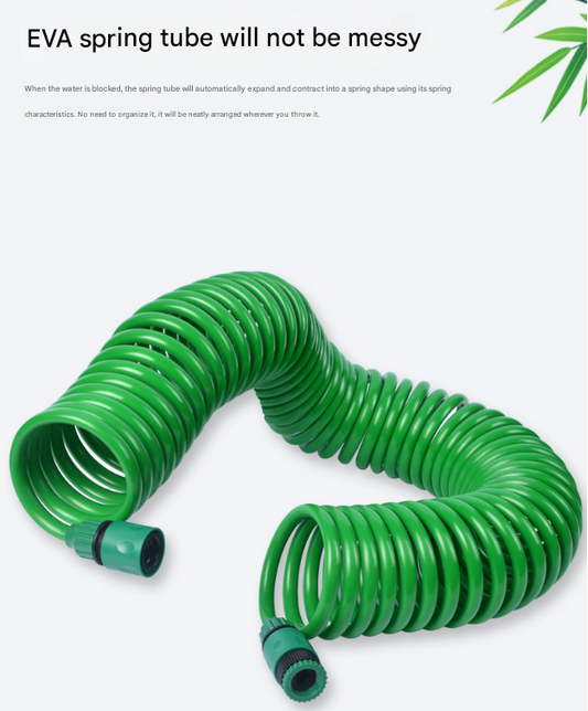 10m Retractable Spring Garden Hose with 5-Function Spray Gun - EVA Burst-Proof Watering Hose for Car Washing
