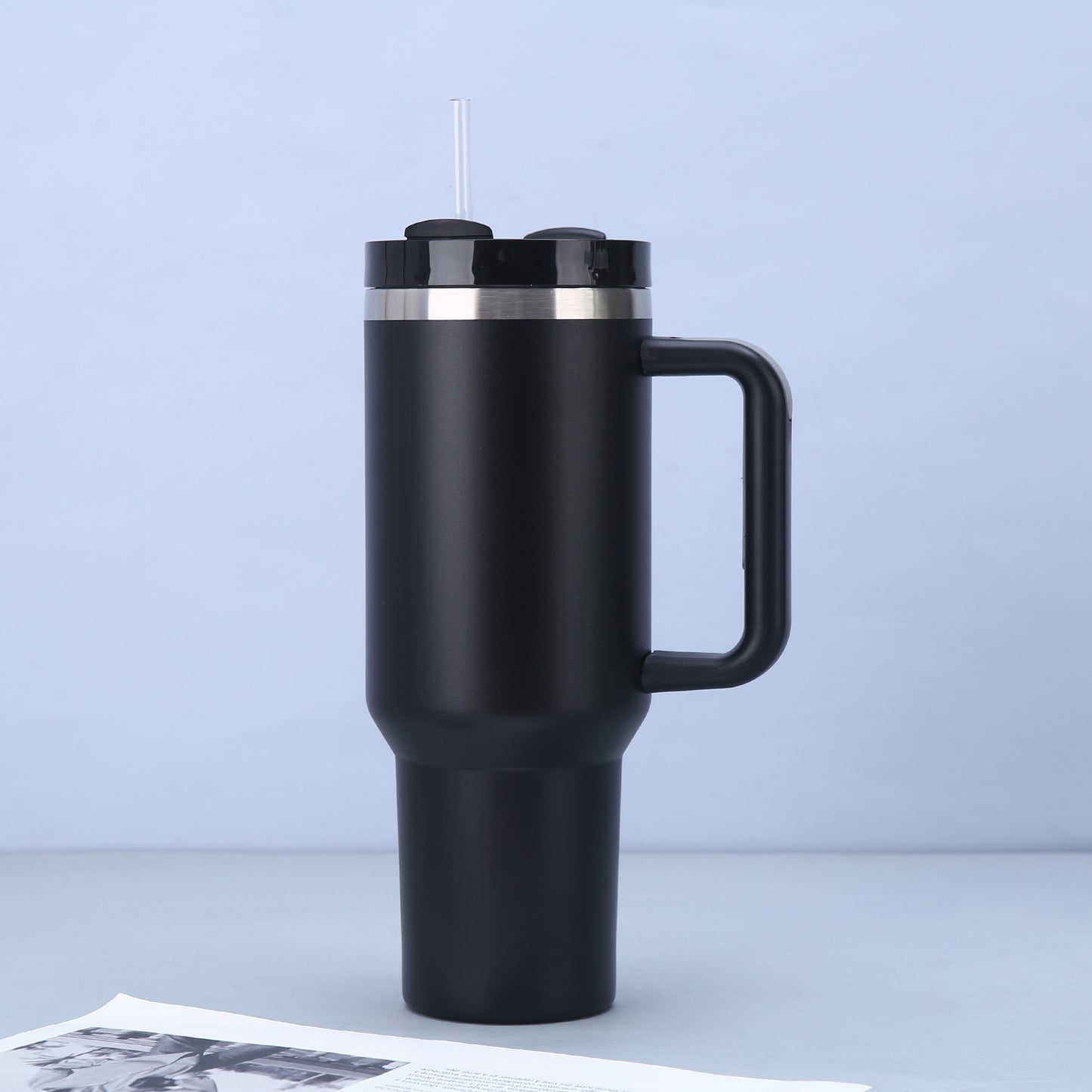 Black 40oz Stainless Steel Tumbler with Handle & Straw - Large Capacity Insulated Travel Mug